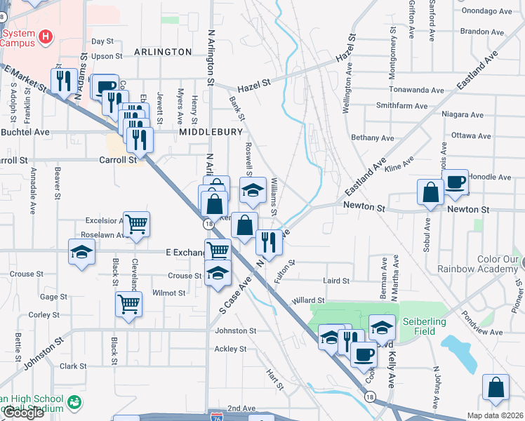 map of restaurants, bars, coffee shops, grocery stores, and more near 81 Kent Court in Akron