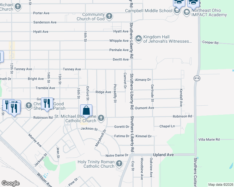 map of restaurants, bars, coffee shops, grocery stores, and more near 81 Piccadilly Street in Campbell