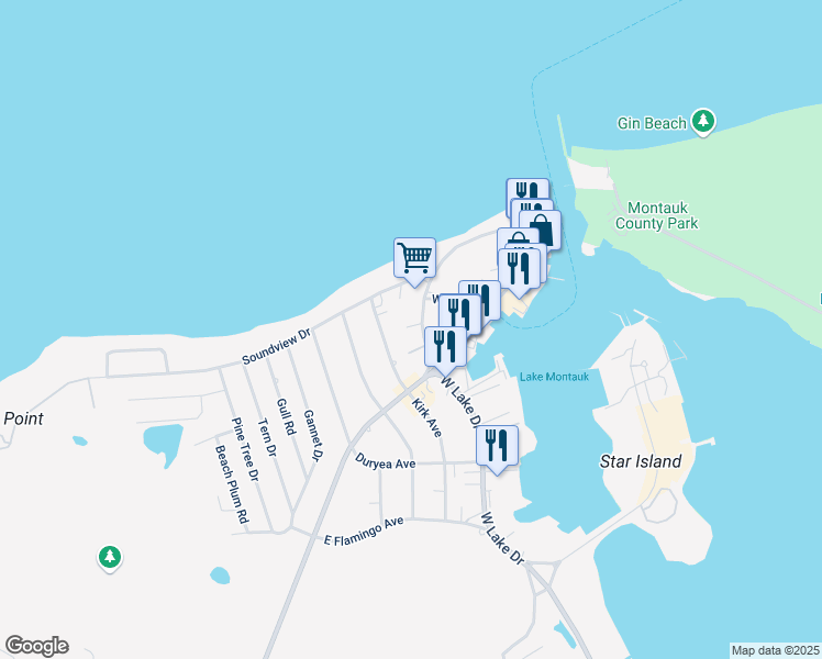 map of restaurants, bars, coffee shops, grocery stores, and more near 548 West Lake Drive in Montauk
