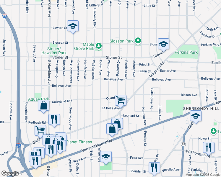 map of restaurants, bars, coffee shops, grocery stores, and more near 1177 Winton Ave in Akron