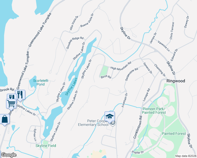 map of restaurants, bars, coffee shops, grocery stores, and more near 24 Birch Road in Ringwood