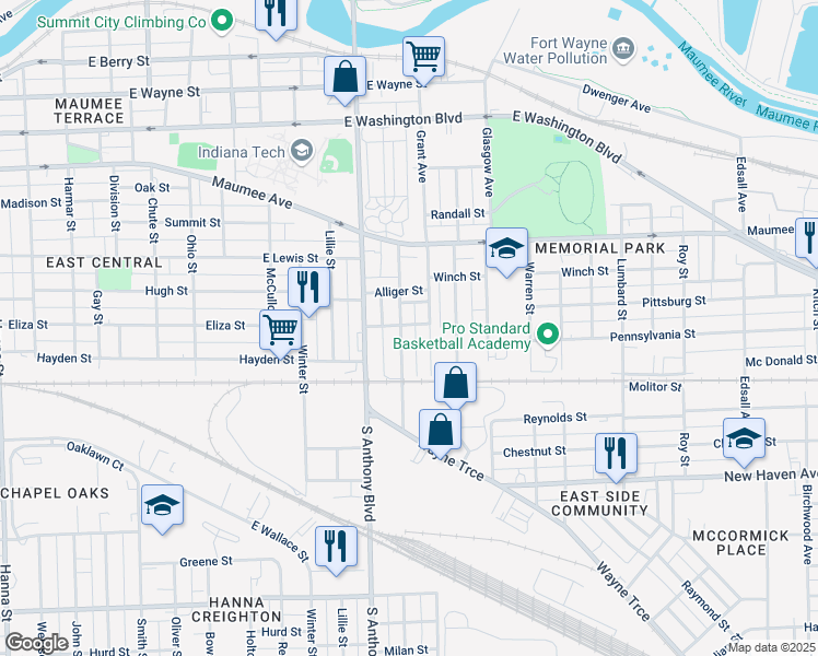 map of restaurants, bars, coffee shops, grocery stores, and more near 1401 Fletcher Avenue in Fort Wayne