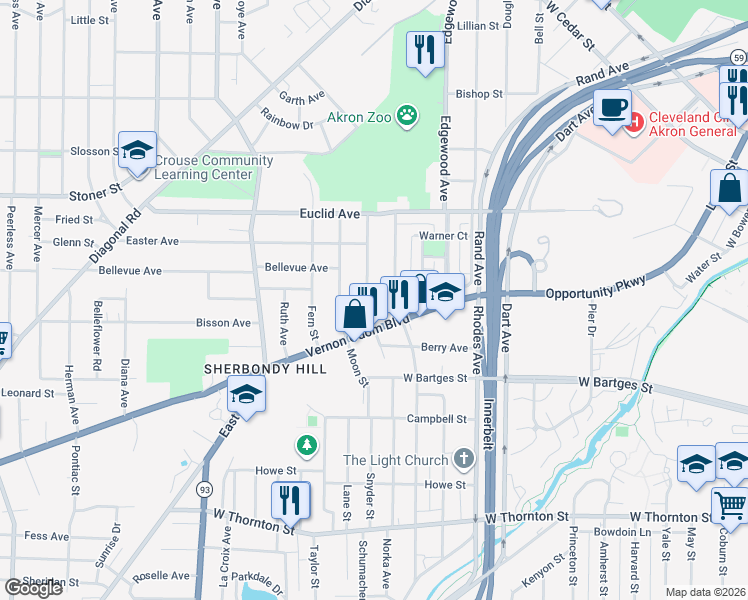 map of restaurants, bars, coffee shops, grocery stores, and more near 759 Mallison Avenue in Akron