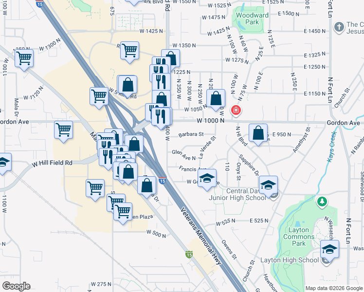 map of restaurants, bars, coffee shops, grocery stores, and more near 303 Glen Place in Layton