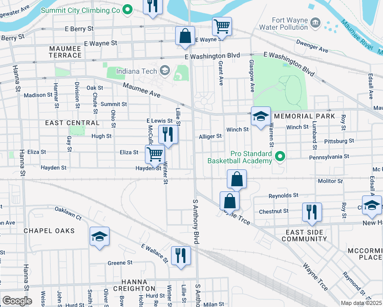 map of restaurants, bars, coffee shops, grocery stores, and more near 1402 South Anthony Boulevard in Fort Wayne