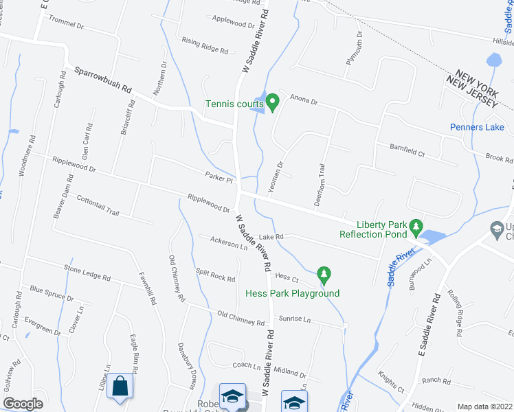 map of restaurants, bars, coffee shops, grocery stores, and more near 10 Old Stone Church Road in Upper Saddle River