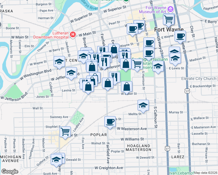 map of restaurants, bars, coffee shops, grocery stores, and more near 419 West Brackenridge Street in Fort Wayne