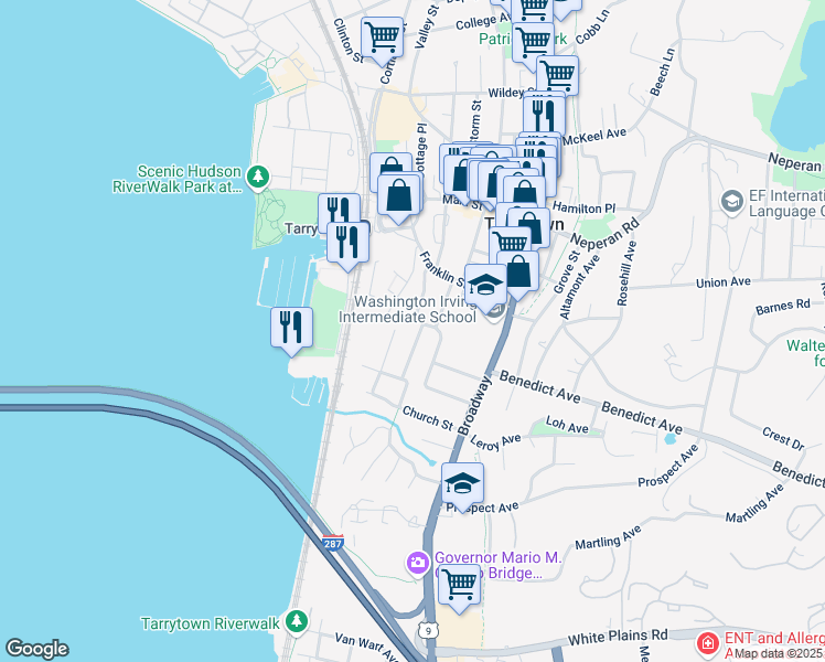 map of restaurants, bars, coffee shops, grocery stores, and more near 63 Riverview Avenue in Tarrytown