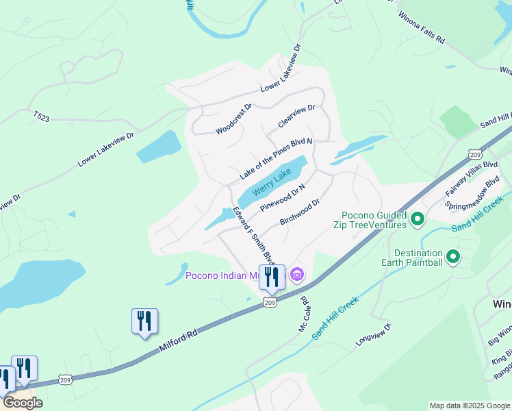 map of restaurants, bars, coffee shops, grocery stores, and more near 148 Pinewood Drive North in East Stroudsburg