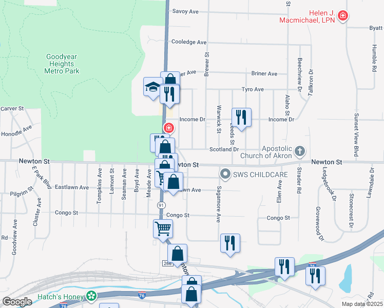map of restaurants, bars, coffee shops, grocery stores, and more near 2272 Scotland Drive in Akron