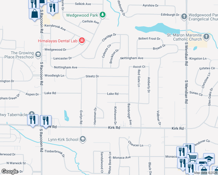 map of restaurants, bars, coffee shops, grocery stores, and more near 3967 Nassau Court in Youngstown