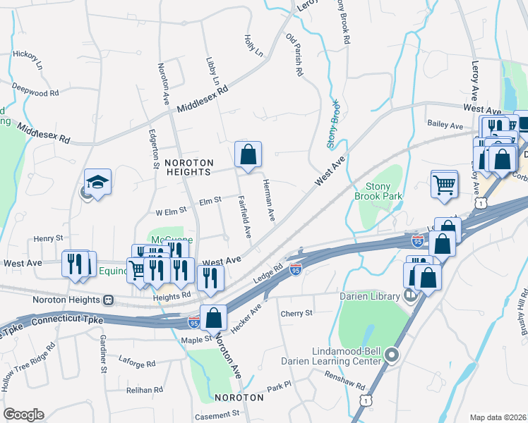 map of restaurants, bars, coffee shops, grocery stores, and more near 10 Herman Avenue in Darien