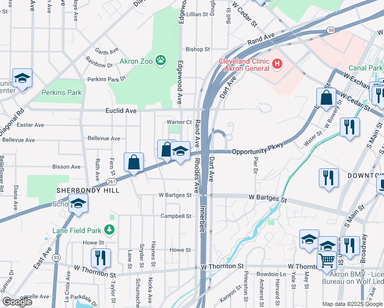 map of restaurants, bars, coffee shops, grocery stores, and more near 450 Vernon Odom Boulevard in Akron
