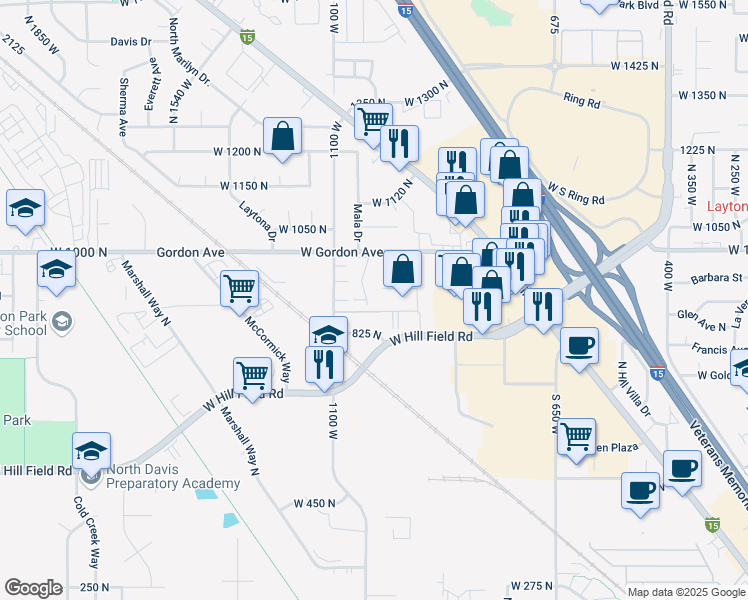 map of restaurants, bars, coffee shops, grocery stores, and more near 888 North 1125 West in Layton