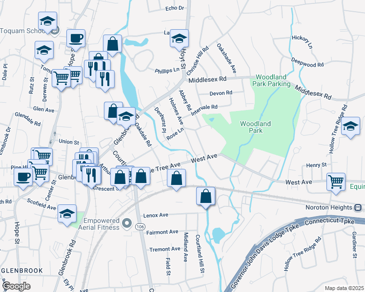 map of restaurants, bars, coffee shops, grocery stores, and more near 12 Park Lane in Darien