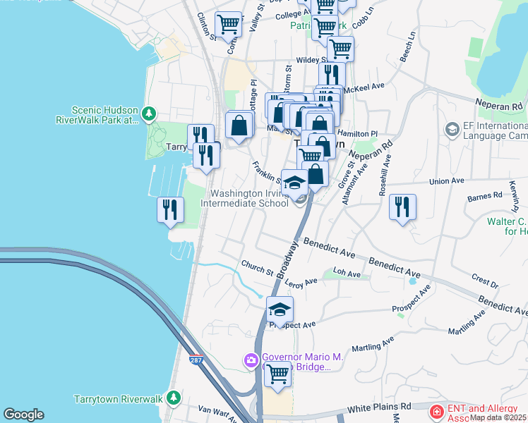 map of restaurants, bars, coffee shops, grocery stores, and more near 63 Miller Avenue in Tarrytown