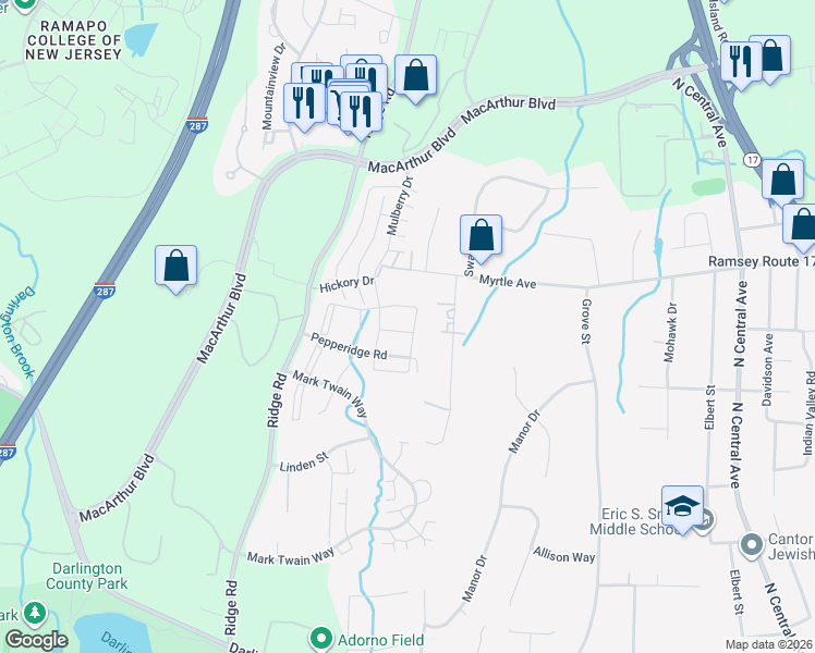 map of restaurants, bars, coffee shops, grocery stores, and more near 16 Peterson Place in Mahwah