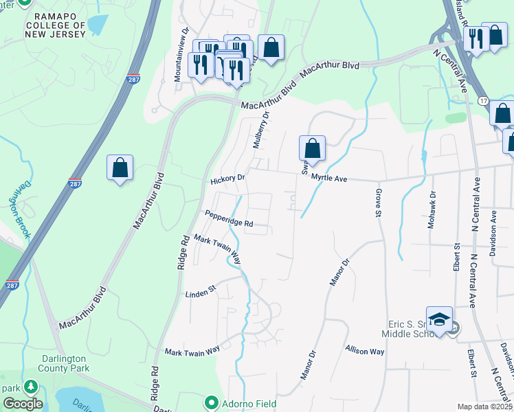 map of restaurants, bars, coffee shops, grocery stores, and more near 806 Sassafras Court in Mahwah
