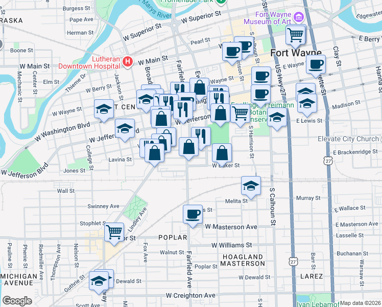 map of restaurants, bars, coffee shops, grocery stores, and more near 419 West Brackenridge Street in Fort Wayne
