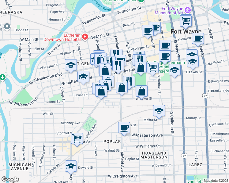 map of restaurants, bars, coffee shops, grocery stores, and more near 516 Lavina Street in Fort Wayne