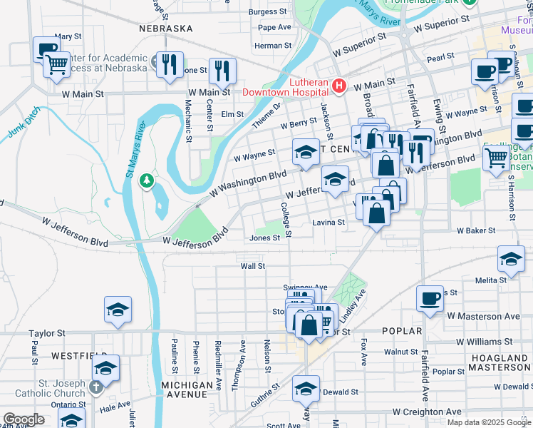 map of restaurants, bars, coffee shops, grocery stores, and more near 1124 Nelson Street in Fort Wayne