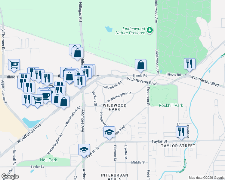 map of restaurants, bars, coffee shops, grocery stores, and more near 3535 Willowdale Rd in Fort Wayne