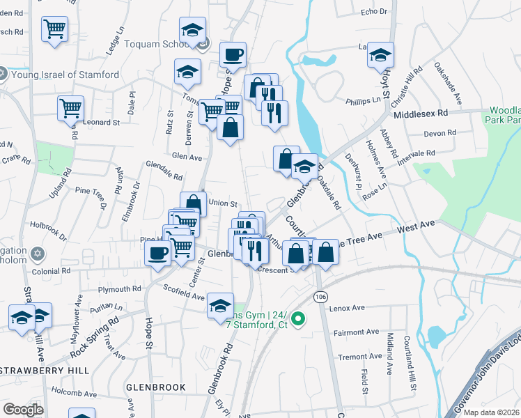 map of restaurants, bars, coffee shops, grocery stores, and more near 31 Cowing Place in Stamford