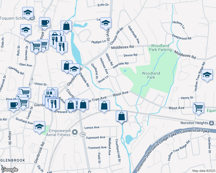 map of restaurants, bars, coffee shops, grocery stores, and more near 12 Park Lane in Darien