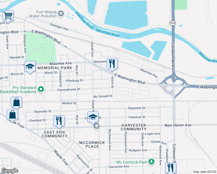 map of restaurants, bars, coffee shops, grocery stores, and more near 1501 Kitch Street in Fort Wayne