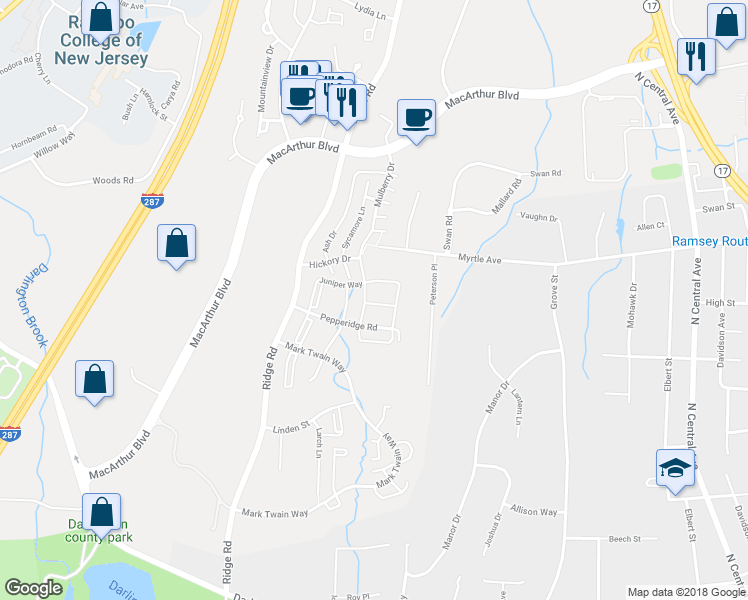 map of restaurants, bars, coffee shops, grocery stores, and more near 805 Sassafras Court in Mahwah