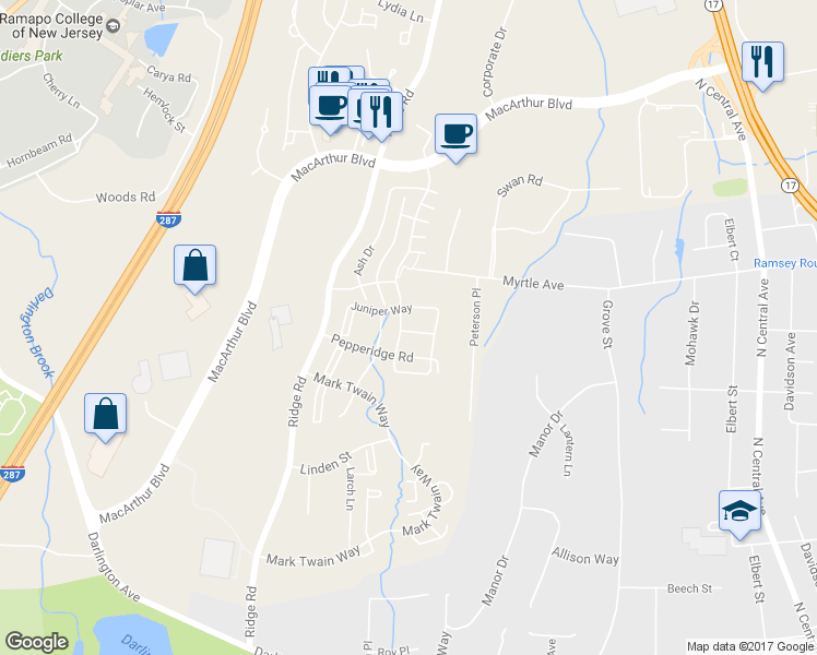 map of restaurants, bars, coffee shops, grocery stores, and more near 806 Sassafras Court in Mahwah