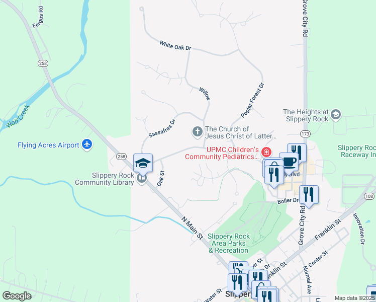 map of restaurants, bars, coffee shops, grocery stores, and more near 258 Kelly Boulevard in Slippery Rock