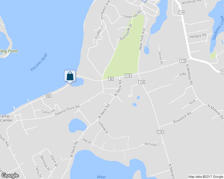 map of restaurants, bars, coffee shops, grocery stores, and more near 54G West Neck Road in Shelter Island Heights