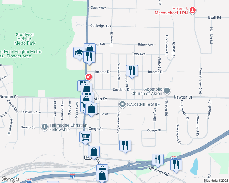 map of restaurants, bars, coffee shops, grocery stores, and more near 2320 Scotland Drive in Akron