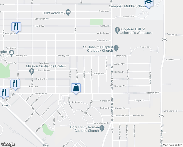 map of restaurants, bars, coffee shops, grocery stores, and more near 500 Ridge Avenue in Campbell