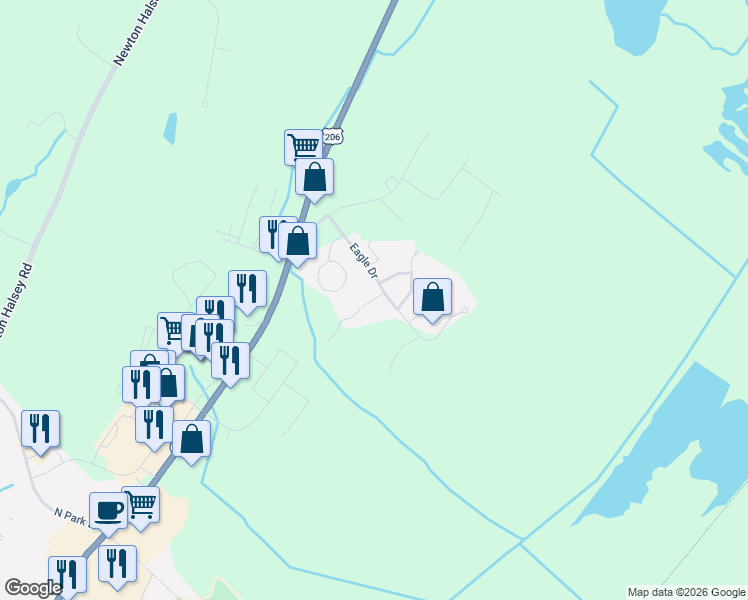 map of restaurants, bars, coffee shops, grocery stores, and more near 45 Eagle Drive in Newton