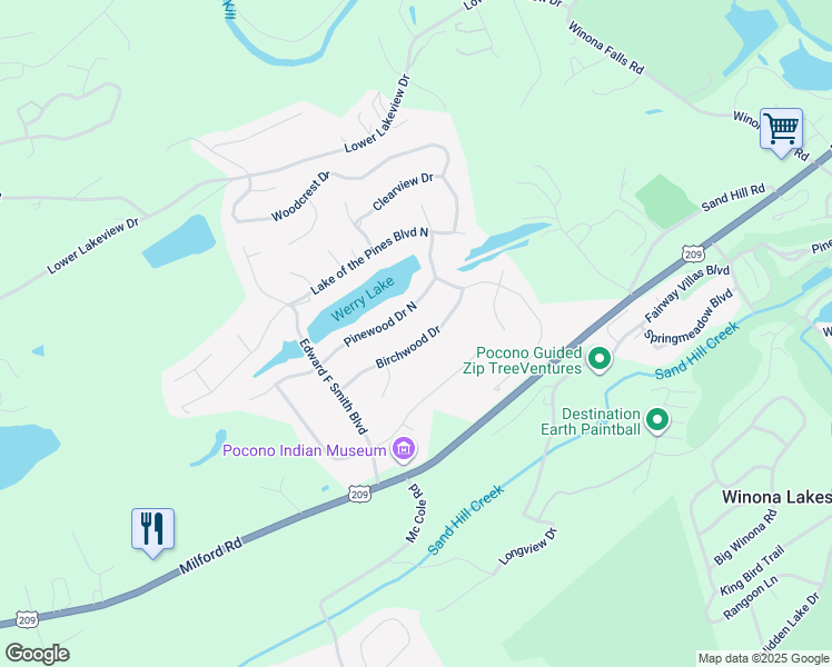 map of restaurants, bars, coffee shops, grocery stores, and more near 228 Birchwood Drive in East Stroudsburg