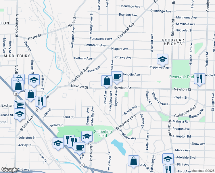 map of restaurants, bars, coffee shops, grocery stores, and more near 1283 Newton Street in Akron