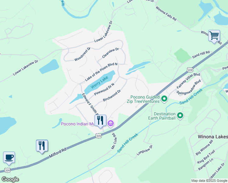 map of restaurants, bars, coffee shops, grocery stores, and more near 228 Birchwood Drive in East Stroudsburg
