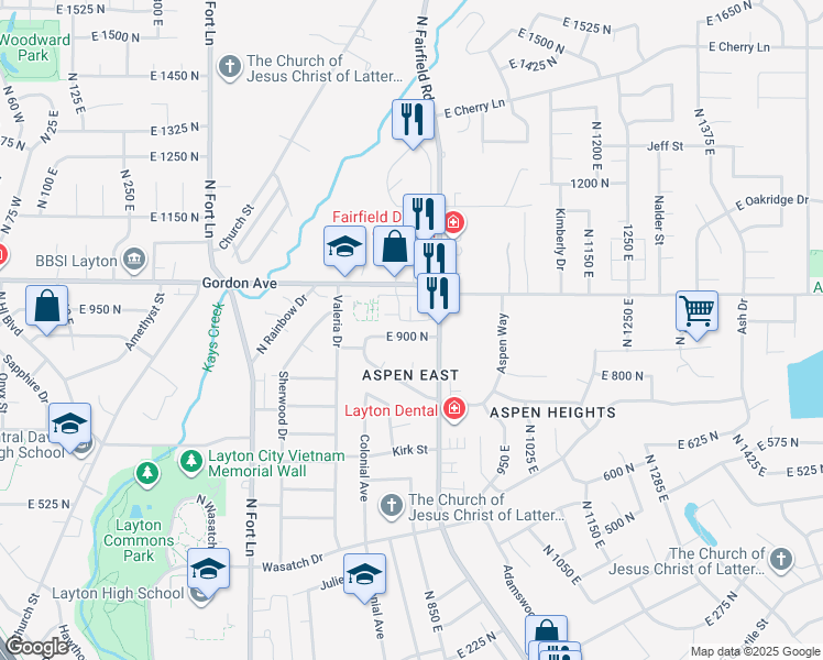 map of restaurants, bars, coffee shops, grocery stores, and more near 801 East 900 North in Layton