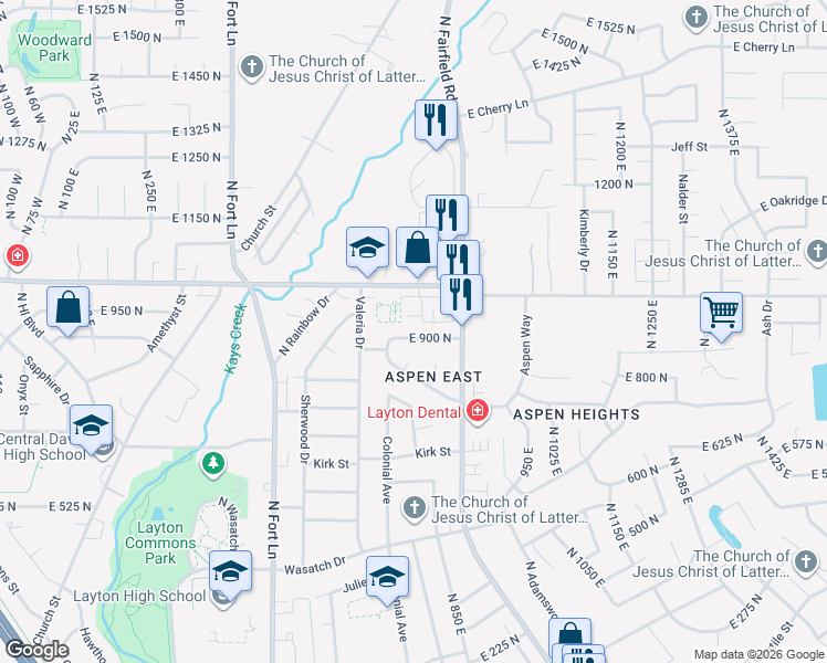 map of restaurants, bars, coffee shops, grocery stores, and more near 734 Aspen East Drive in Layton