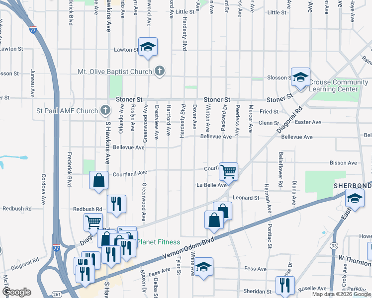 map of restaurants, bars, coffee shops, grocery stores, and more near 1196 Dover Avenue in Akron