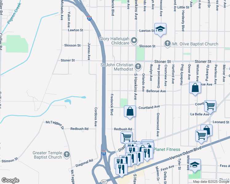 map of restaurants, bars, coffee shops, grocery stores, and more near 1329 Frederick Boulevard in Akron