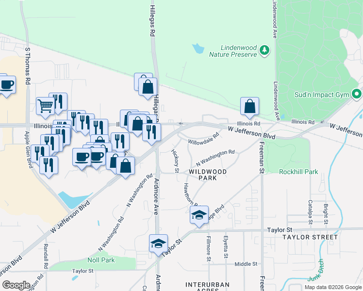 map of restaurants, bars, coffee shops, grocery stores, and more near 3623 Mulberry Road in Fort Wayne