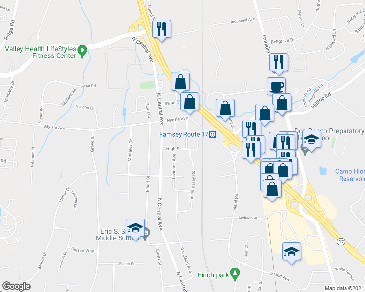 map of restaurants, bars, coffee shops, grocery stores, and more near 40 High Street in Ramsey
