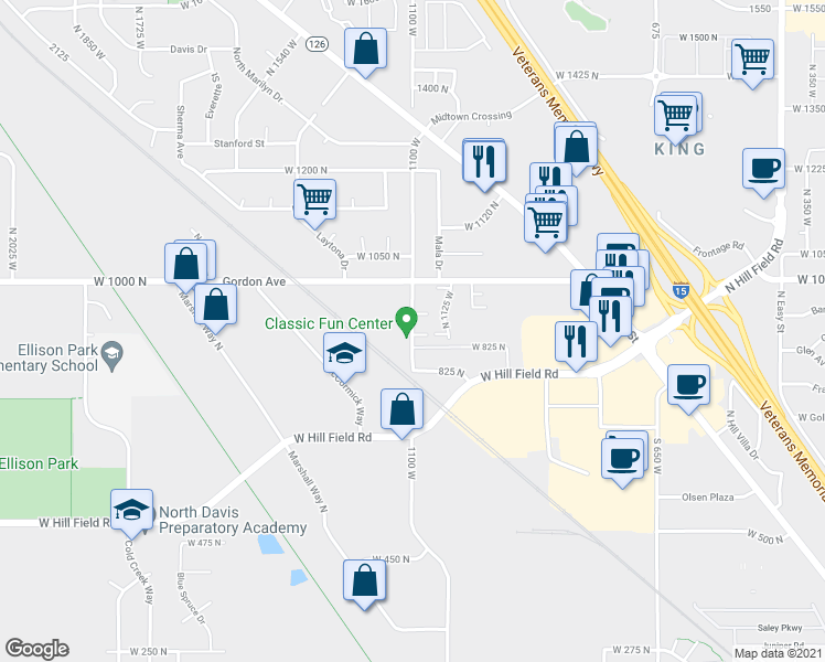 map of restaurants, bars, coffee shops, grocery stores, and more near 950 North Angel Street in Layton