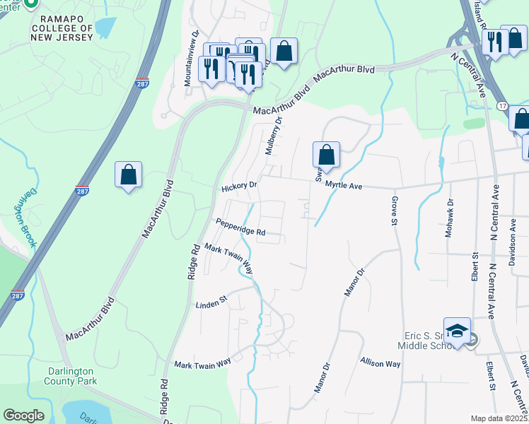 map of restaurants, bars, coffee shops, grocery stores, and more near 810 Sassafras Court in Mahwah