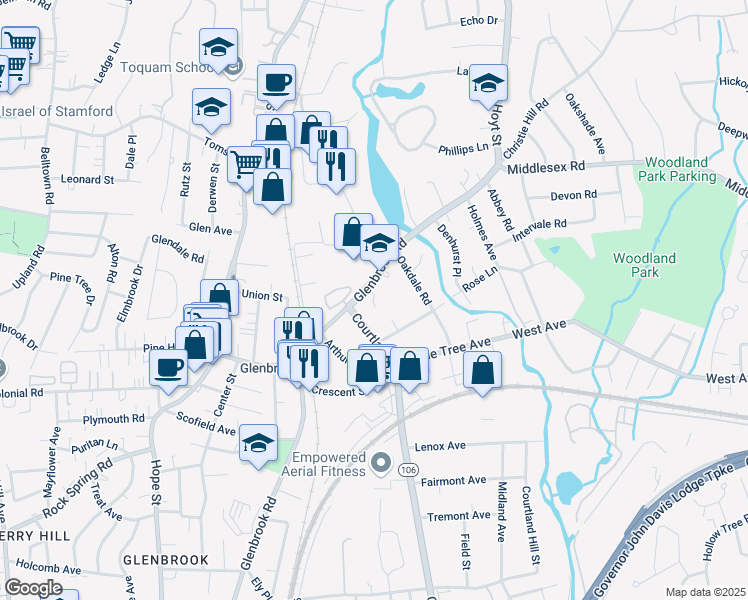 map of restaurants, bars, coffee shops, grocery stores, and more near 445 Courtland Avenue in Stamford