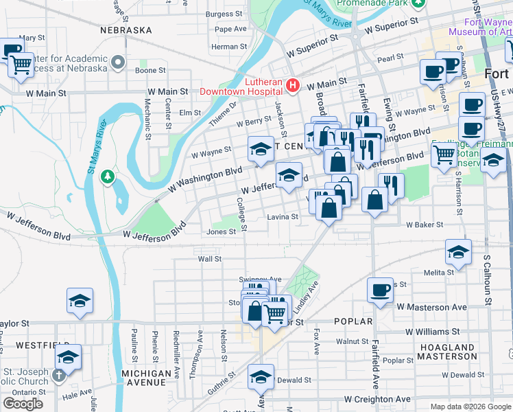 map of restaurants, bars, coffee shops, grocery stores, and more near 1029 Wilt Street in Fort Wayne