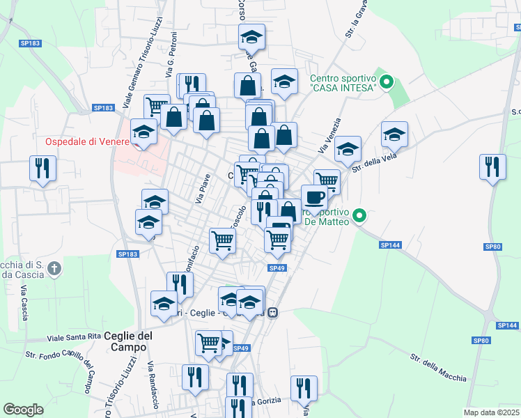 map of restaurants, bars, coffee shops, grocery stores, and more near 1 Via di Carbonara Duomo in Bari